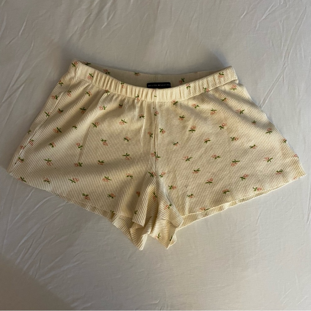 Rare Brandy Melville Ivory Waffle Shorts with Baby Pink Rose Floral Pattern